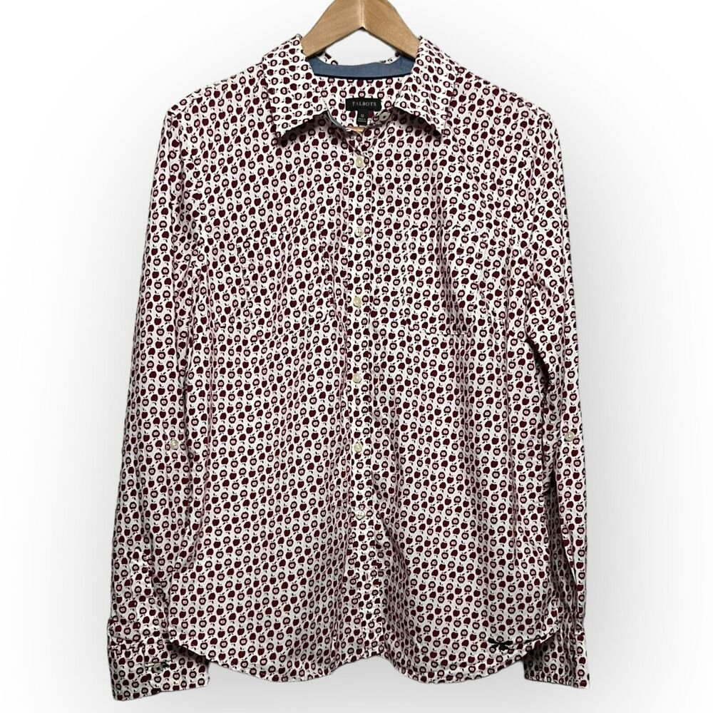 Talbots Red & White Apple Pattern Button Up Shirt with Convertible Sleeves Sz 12 - Picture 15 of 15